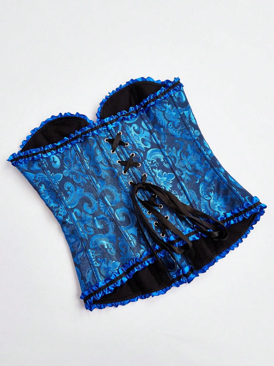 Baroque open bust corset top with boning, ruffle details, and grommet eyelet accents for waist shaping and bust support.