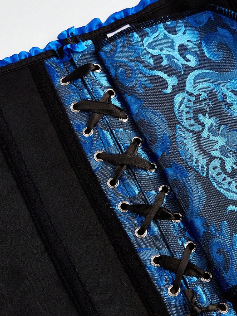 Baroque open bust corset top with boning, ruffle details, and grommet eyelet accents for waist shaping and bust support.