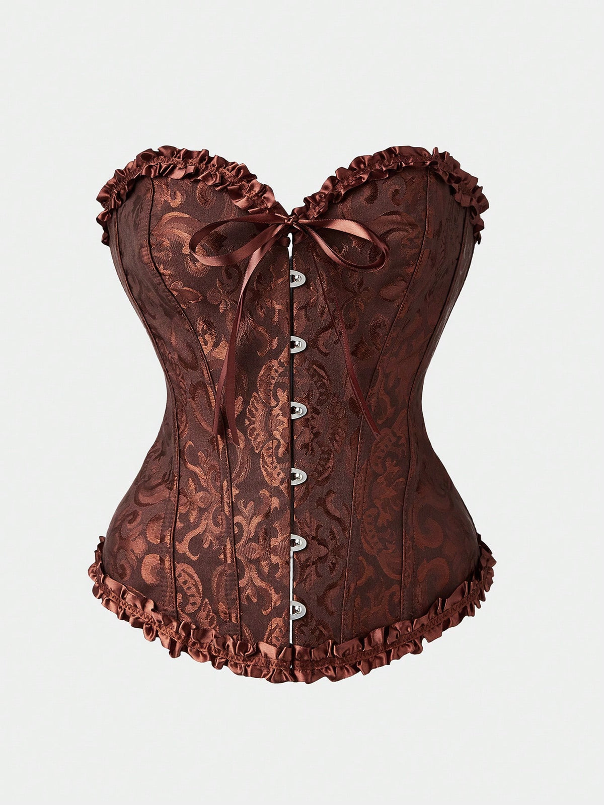 Baroque open bust corset top with boning, ruffle details, and grommet eyelet accents for waist shaping and bust support.