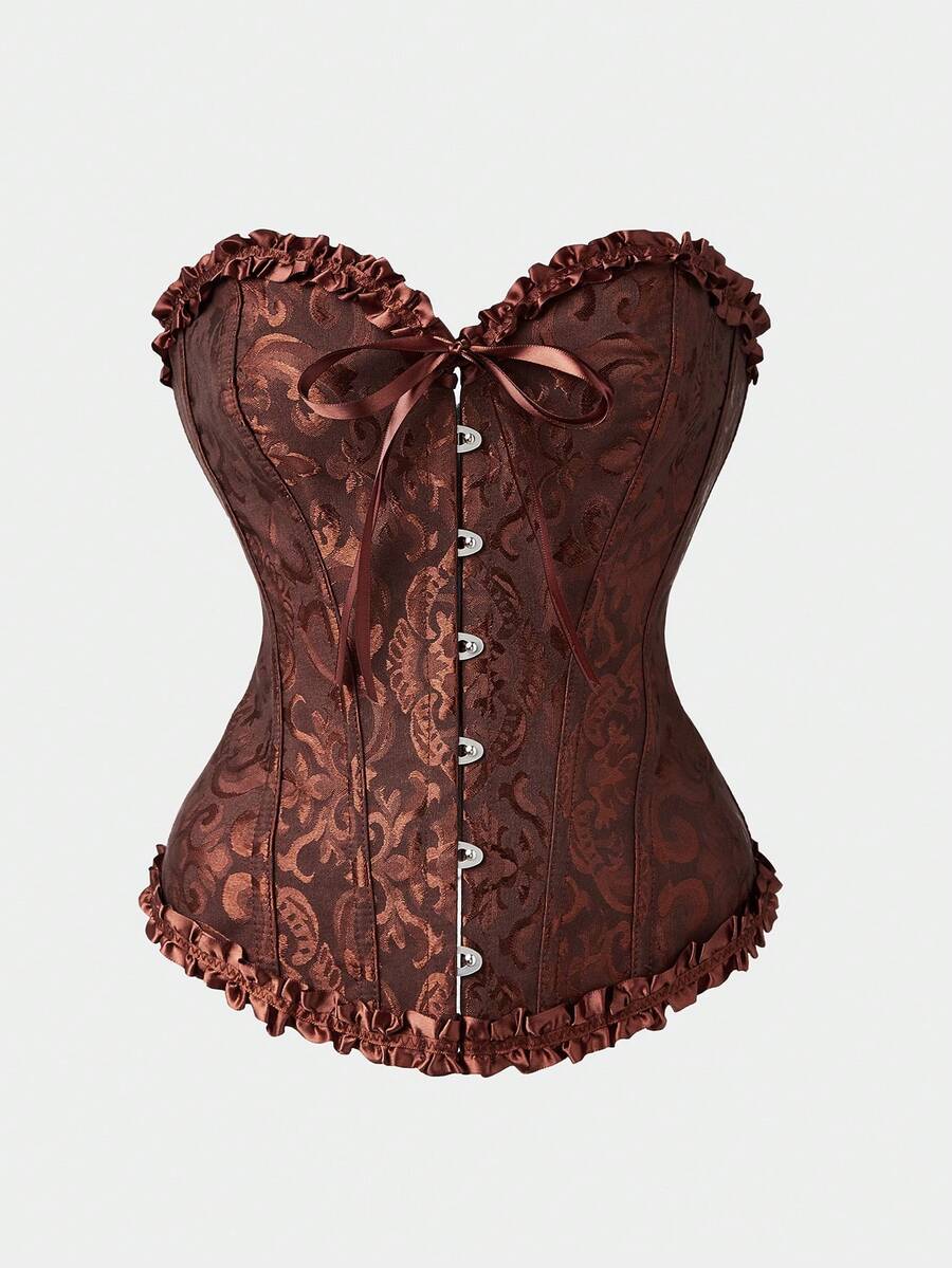 Baroque open bust corset top with boning, ruffle details, and grommet eyelet accents for waist shaping and bust support.