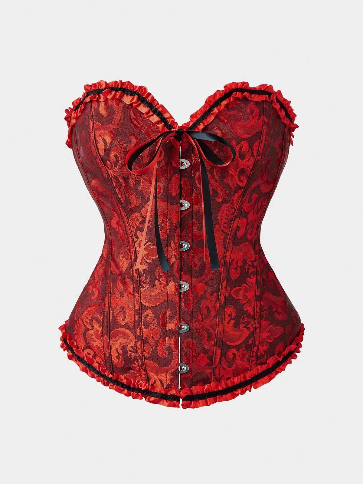 Baroque open bust corset top with boning, ruffle details, and grommet eyelet accents for waist shaping and bust support.