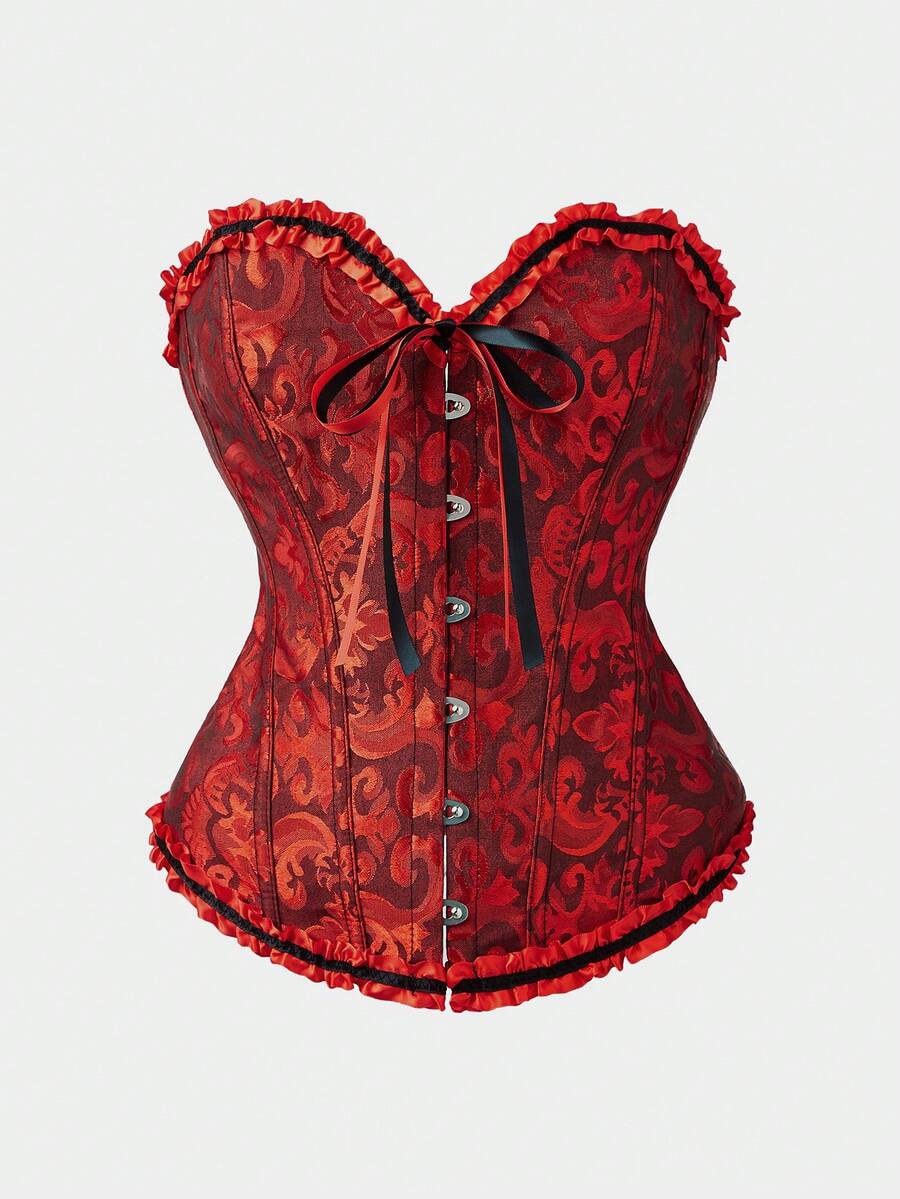 Baroque open bust corset top with boning, ruffle details, and grommet eyelet accents for waist shaping and bust support.