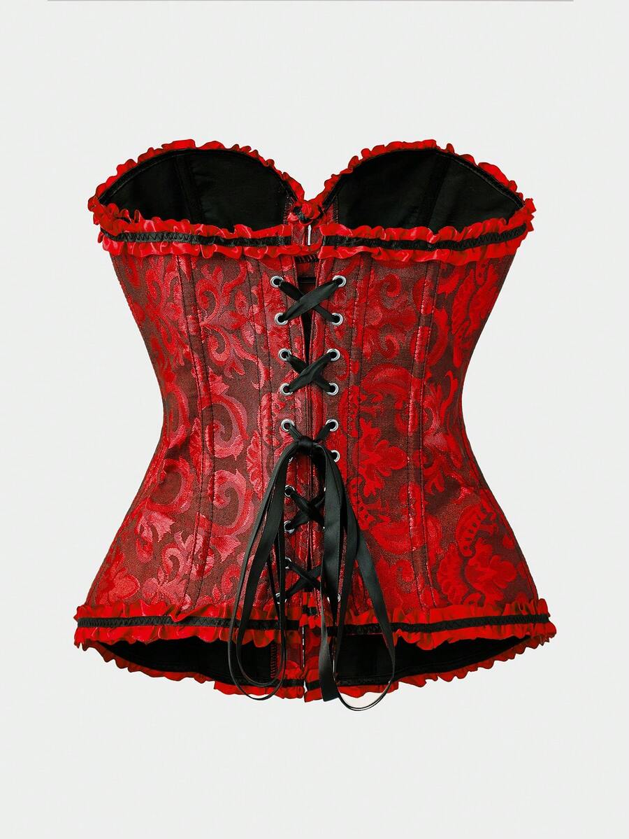 Baroque open bust corset top with boning, ruffle details, and grommet eyelet accents for waist shaping and bust support.