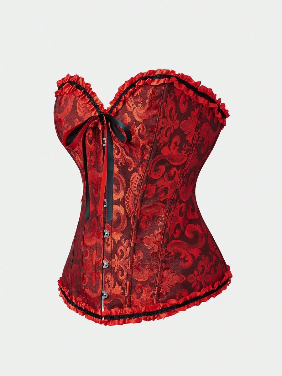 Baroque open bust corset top with boning, ruffle details, and grommet eyelet accents for waist shaping and bust support.