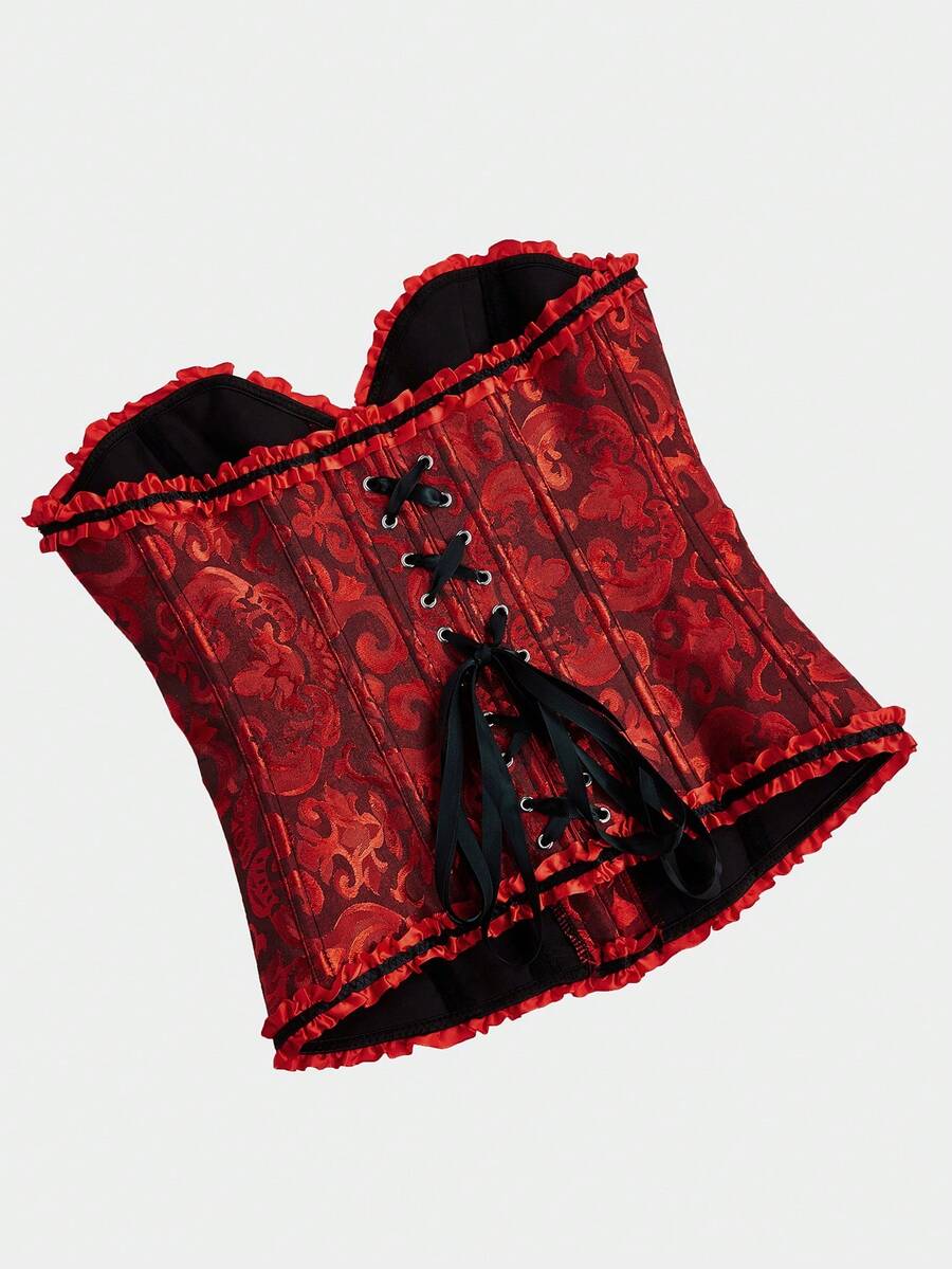 Baroque open bust corset top with boning, ruffle details, and grommet eyelet accents for waist shaping and bust support.