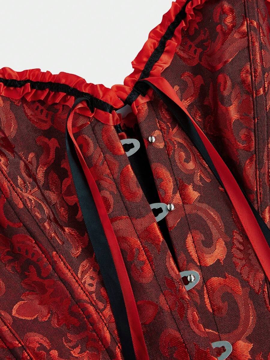 Baroque open bust corset top with boning, ruffle details, and grommet eyelet accents for waist shaping and bust support.