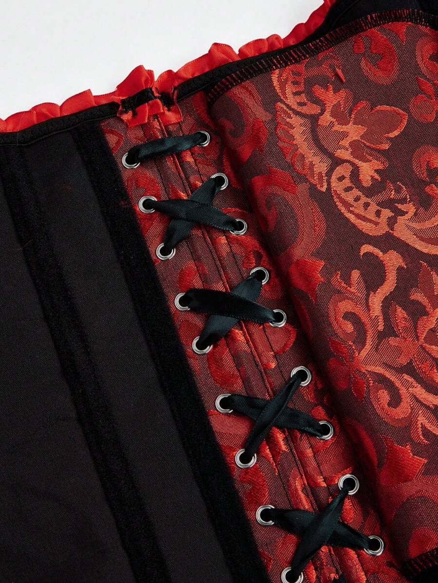 Baroque open bust corset top with boning, ruffle details, and grommet eyelet accents for waist shaping and bust support.