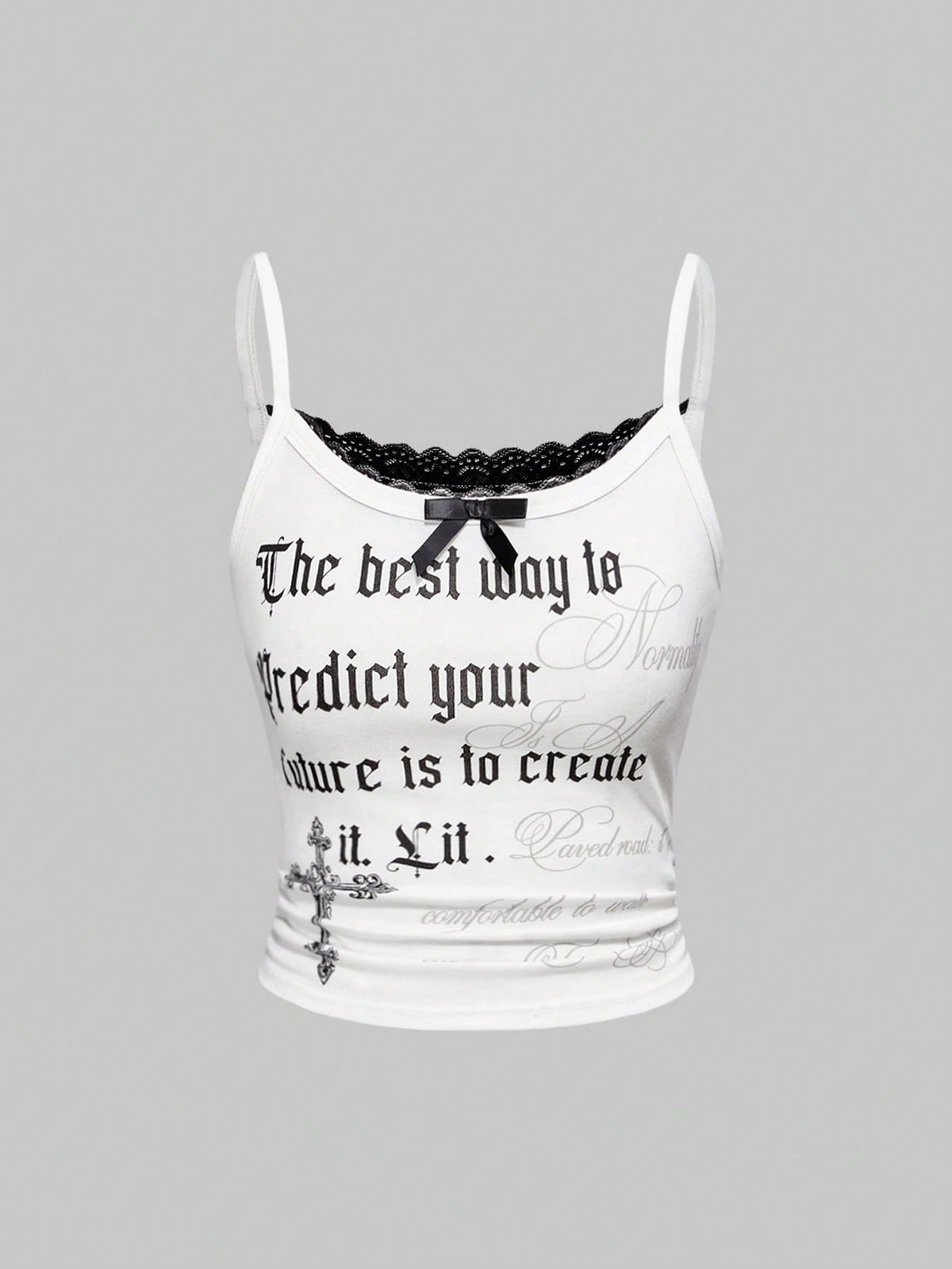 White crop cami top for women featuring spaghetti straps, contrast lace trim, bow detail, and frill trim.