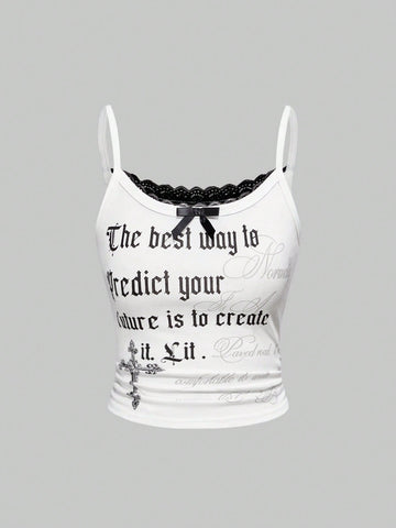 White crop cami top for women featuring spaghetti straps, contrast lace trim, bow detail, and frill trim.