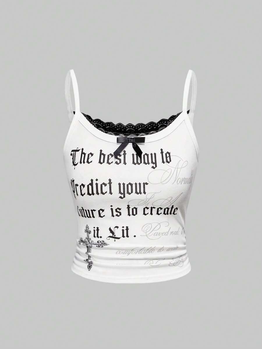 White crop cami top for women featuring spaghetti straps, contrast lace trim, bow detail, and frill trim.