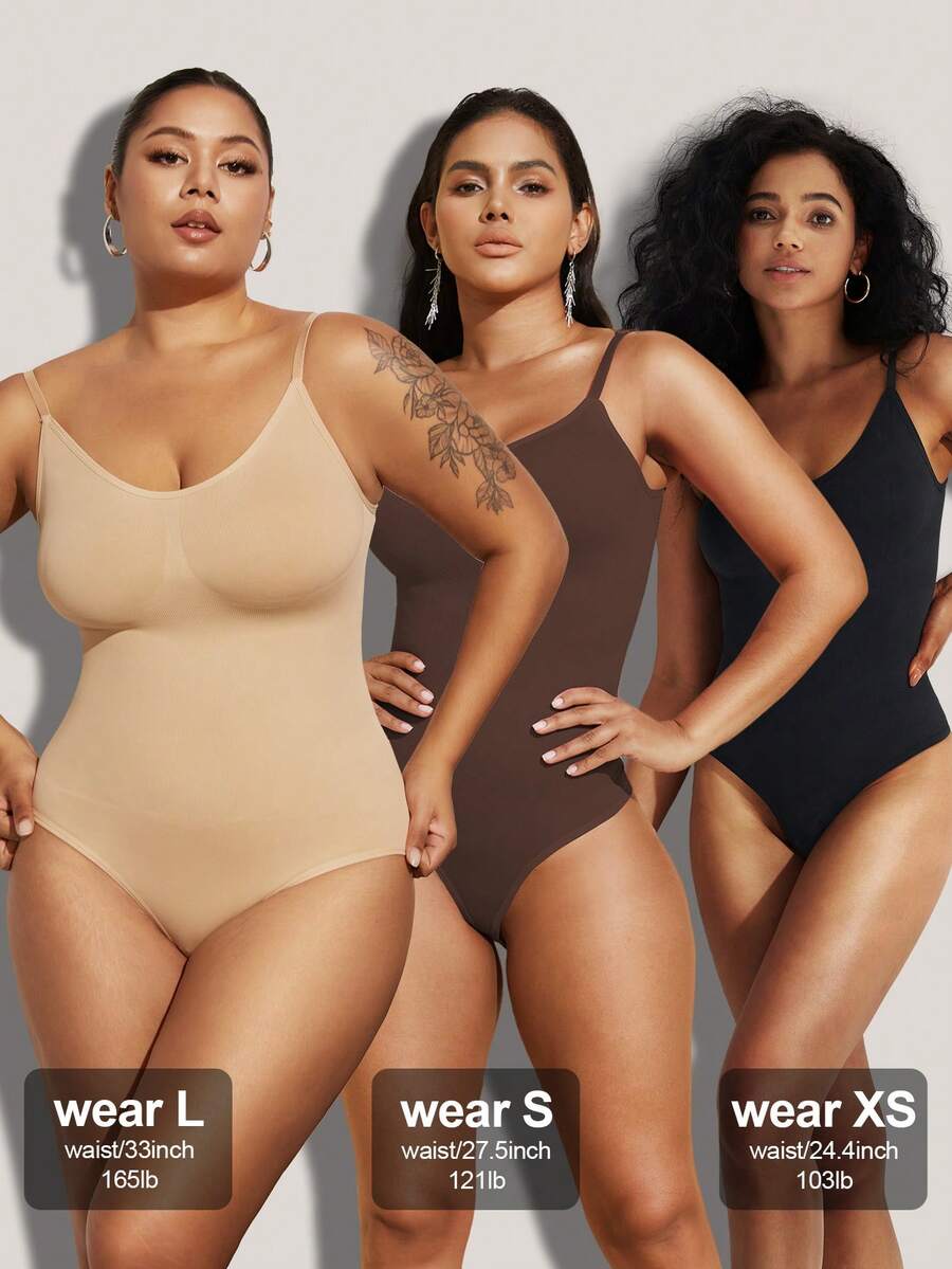 Brown seamless shapewear bodysuit featuring backless design, thong bottom, non-removable padding, and high-stretch fabric for tummy and waist control.