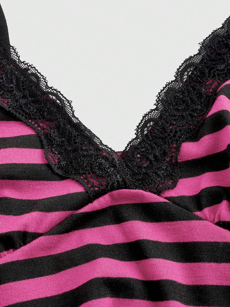 Red and white striped camisole top featuring contrast white scallop lace trim along the neckline and slim fit spaghetti straps.