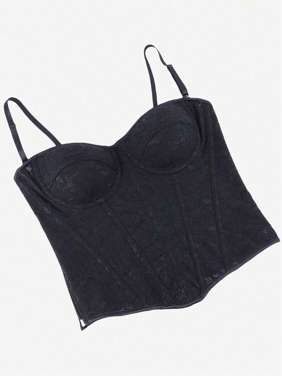 Black lace corset bodice top for women with boned mesh bustier structure and non-removable padded cups.