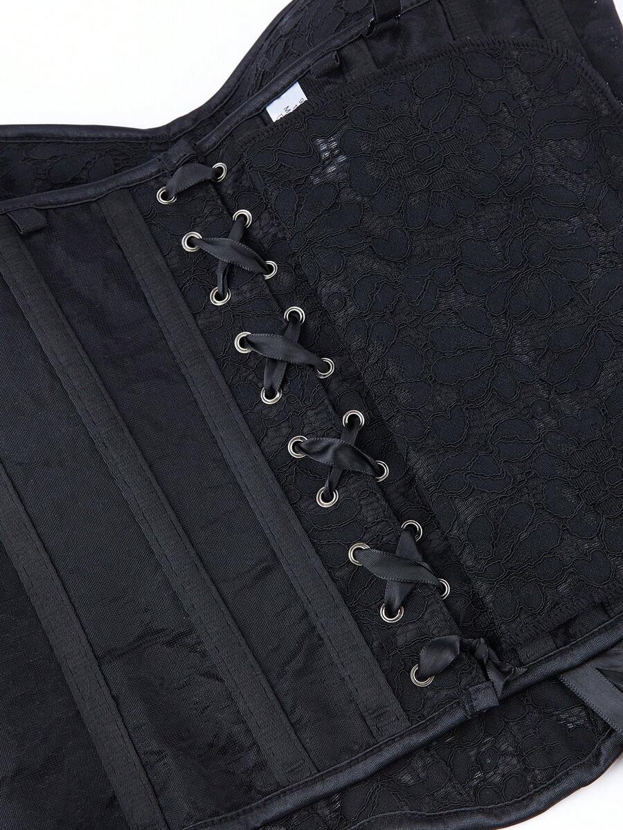 Black lace corset bodice top for women with boned mesh bustier structure and non-removable padded cups.