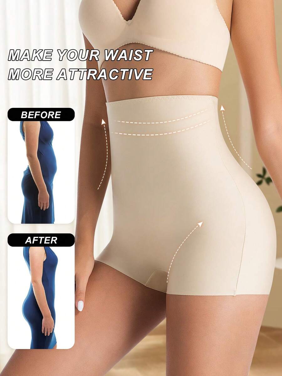 Women wearing apricot high waist tummy control seamless shapewear shorts.