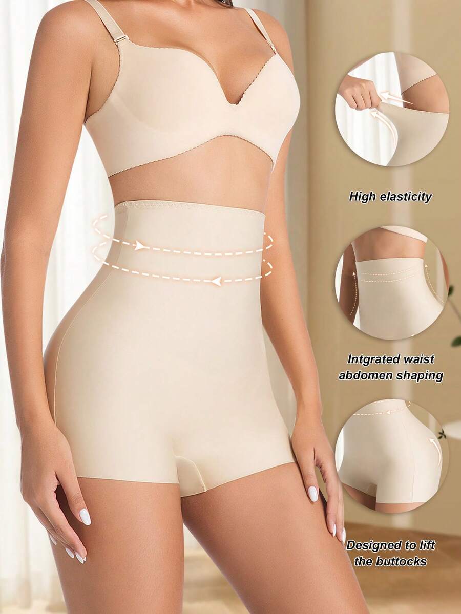 Women wearing apricot high waist tummy control seamless shapewear shorts.