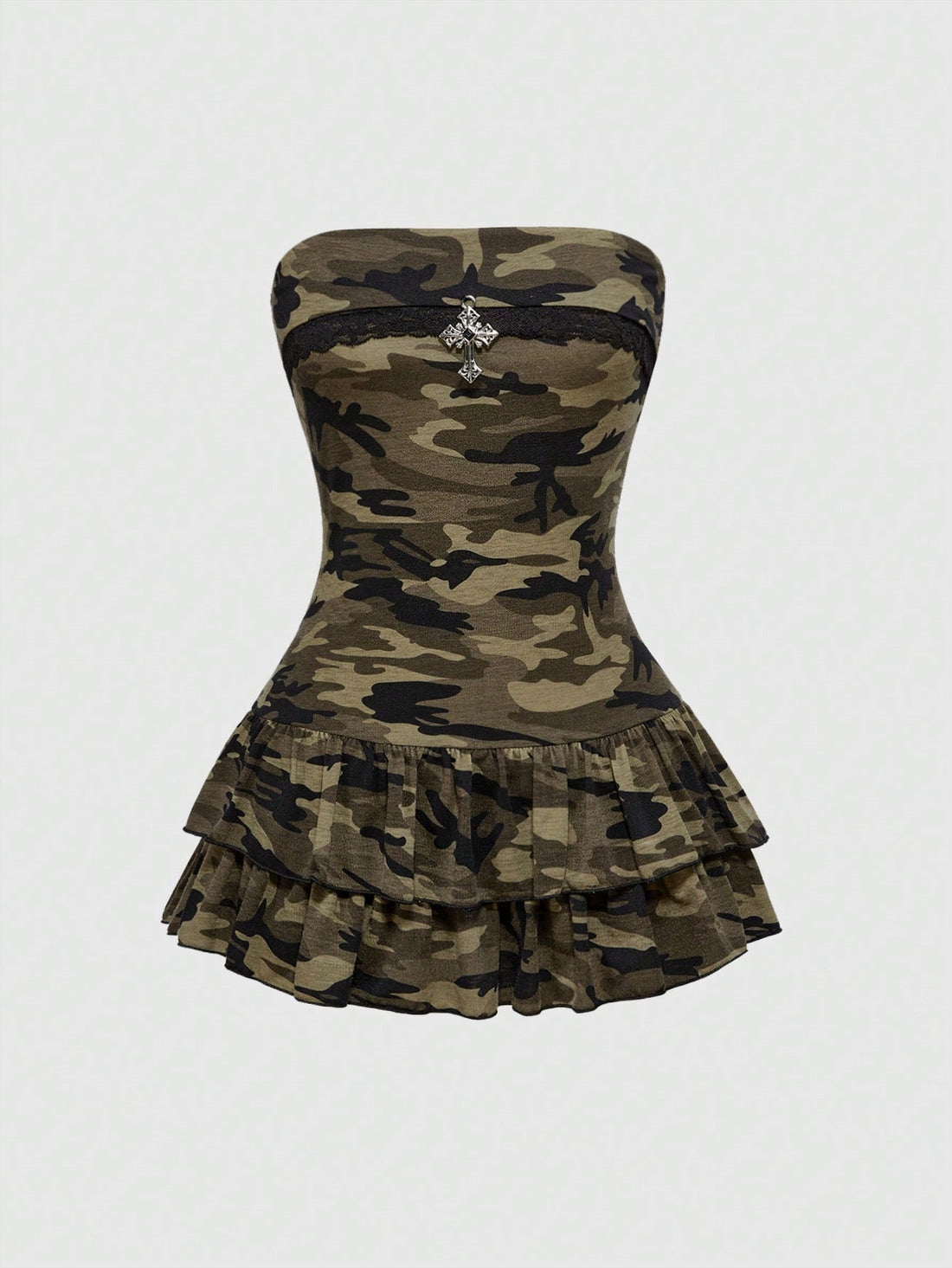 Army green strapless camo mini dress for women featuring a high-waisted A-line silhouette with tiered ruched layers and ruffle hem.