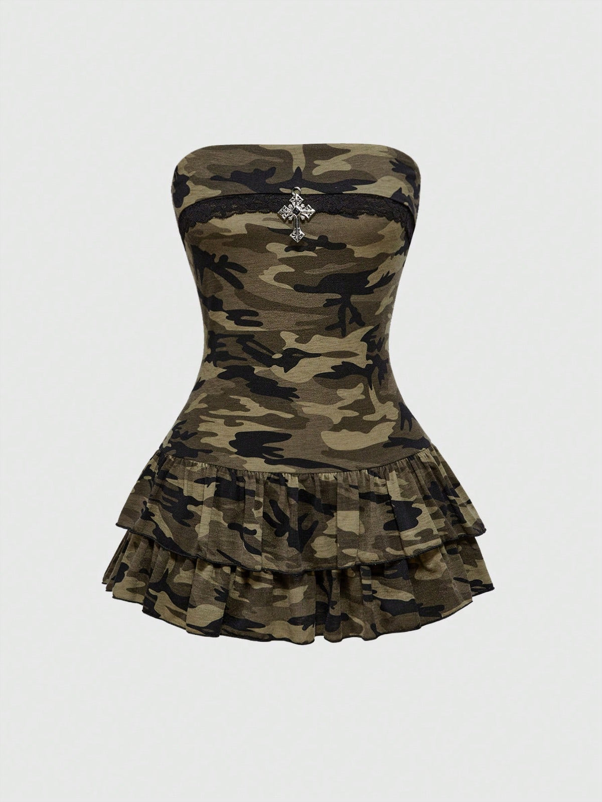 Army green strapless camo mini dress for women featuring a high-waisted A-line silhouette with tiered ruched layers and ruffle hem.