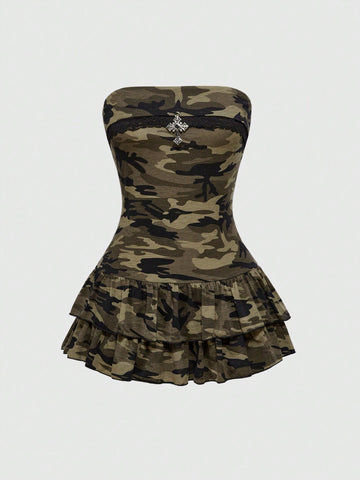 Army green strapless camo mini dress for women featuring a high-waisted A-line silhouette with tiered ruched layers and ruffle hem.