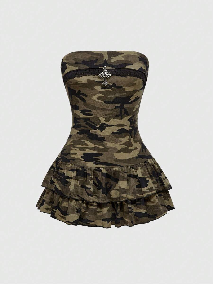 Army green strapless camo mini dress for women featuring a high-waisted A-line silhouette with tiered ruched layers and ruffle hem.