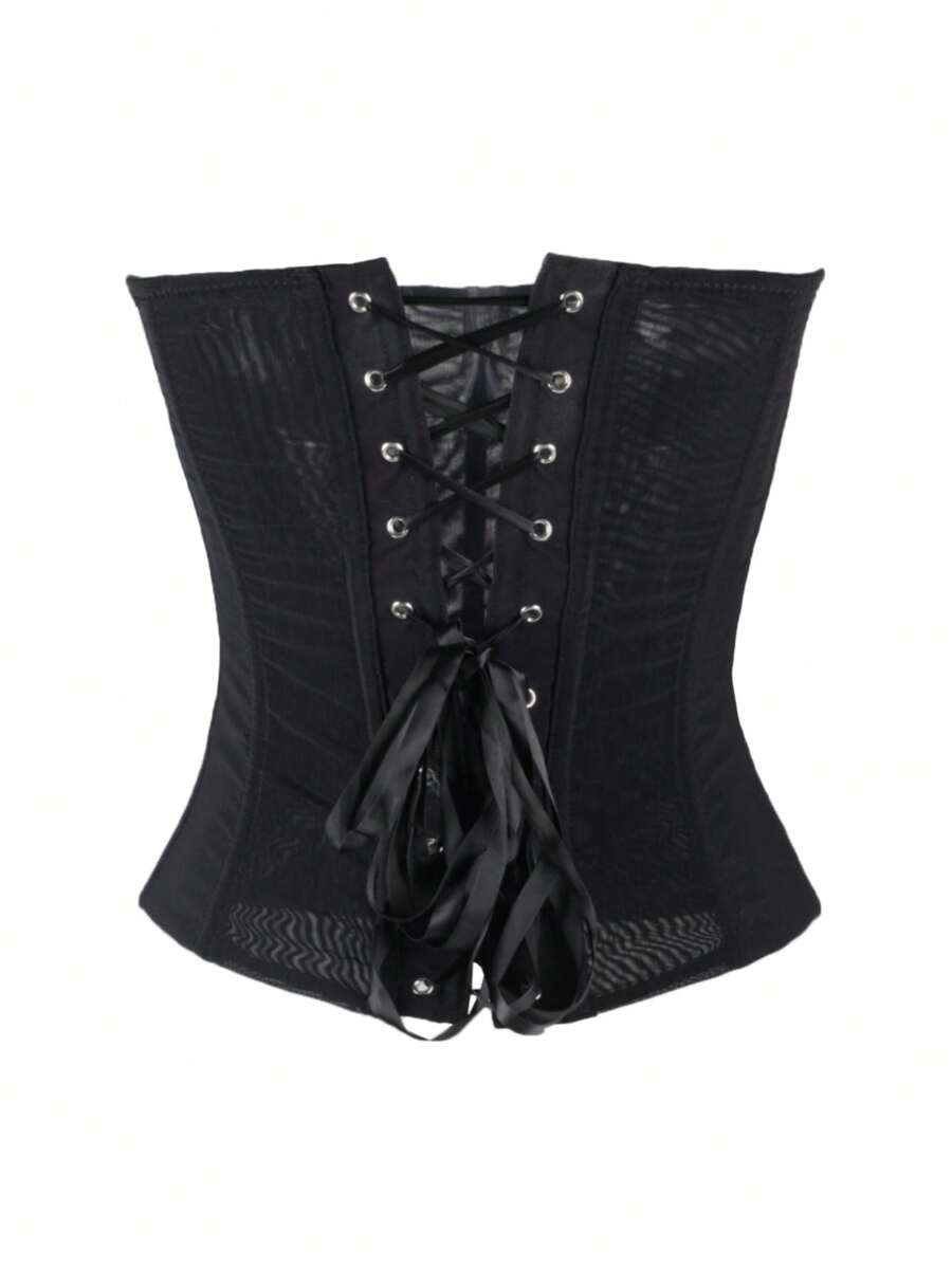 Black strapless mesh bustier top with a backless, semi-sheer design, slim fit, and crop length for women.