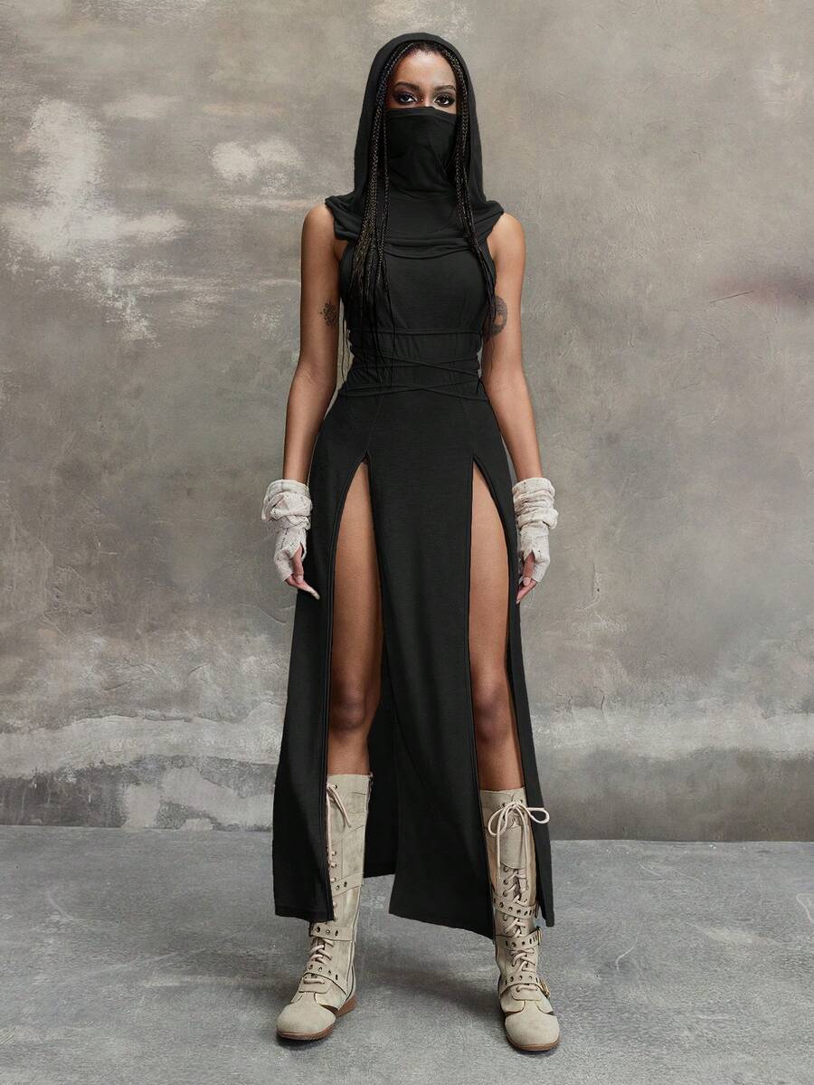 Women wearing a Y2K vintage apocalyptic style hooded long dress featuring short sleeves, backless detail, high thigh slit, and slim fit knitted fabric.