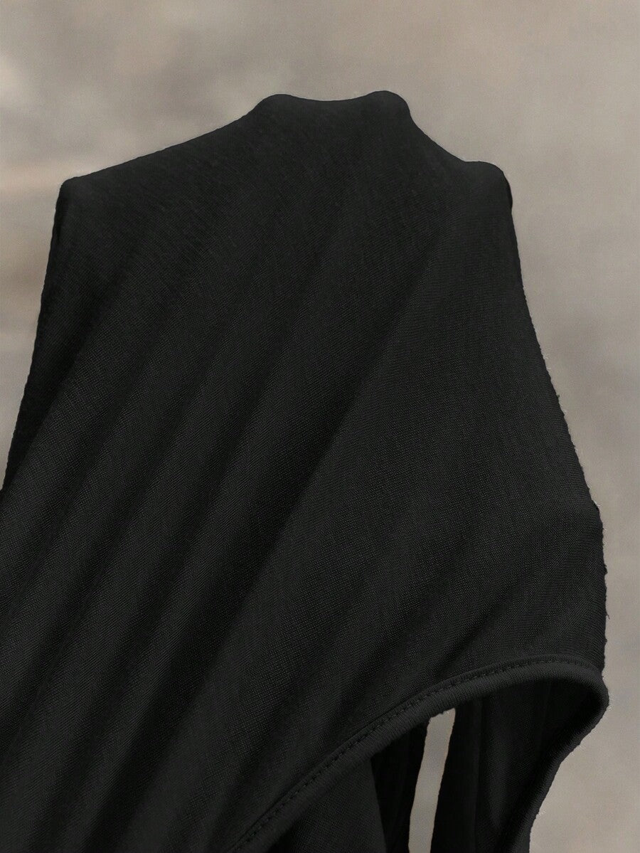 Women wearing a Y2K vintage apocalyptic style hooded long dress featuring short sleeves, backless detail, high thigh slit, and slim fit knitted fabric.