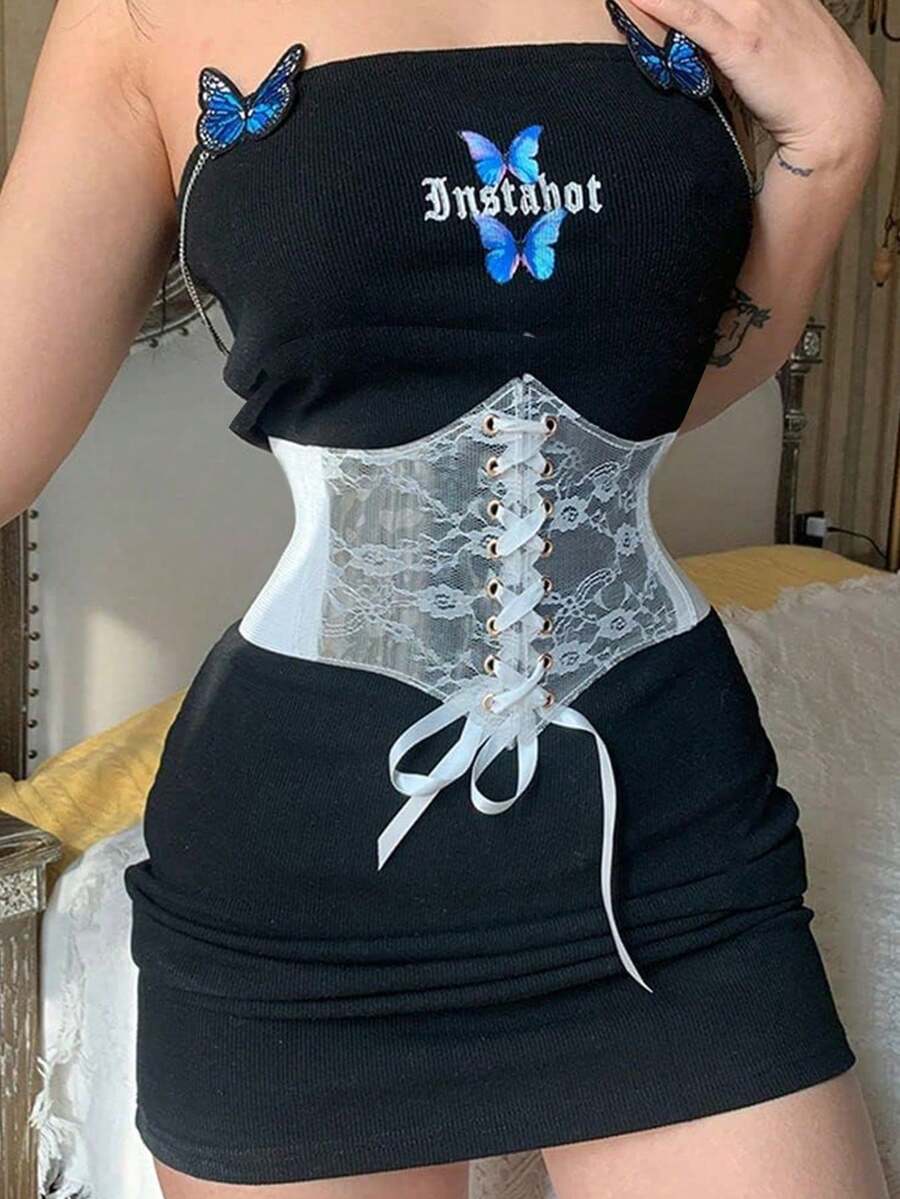 Black lace-up waist cincher with grommet eyelets, baroque pattern, medium stretch, and wide belt design for women.