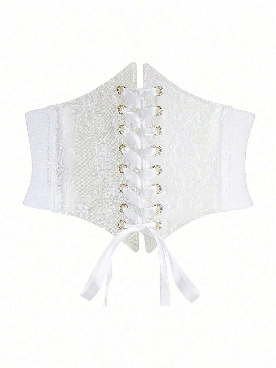 Black lace-up waist cincher with grommet eyelets, baroque pattern, medium stretch, and wide belt design for women.