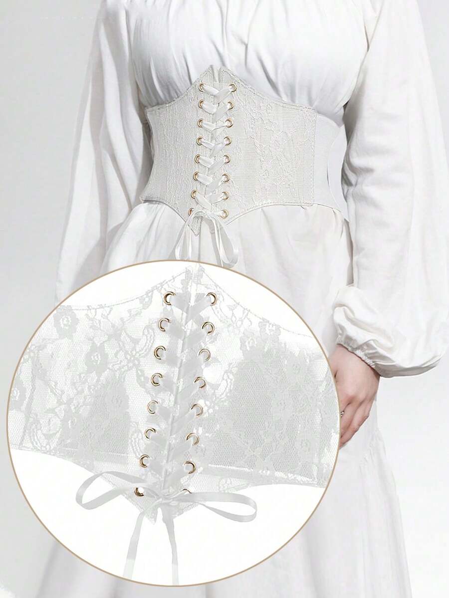 Black lace-up waist cincher with grommet eyelets, baroque pattern, medium stretch, and wide belt design for women.