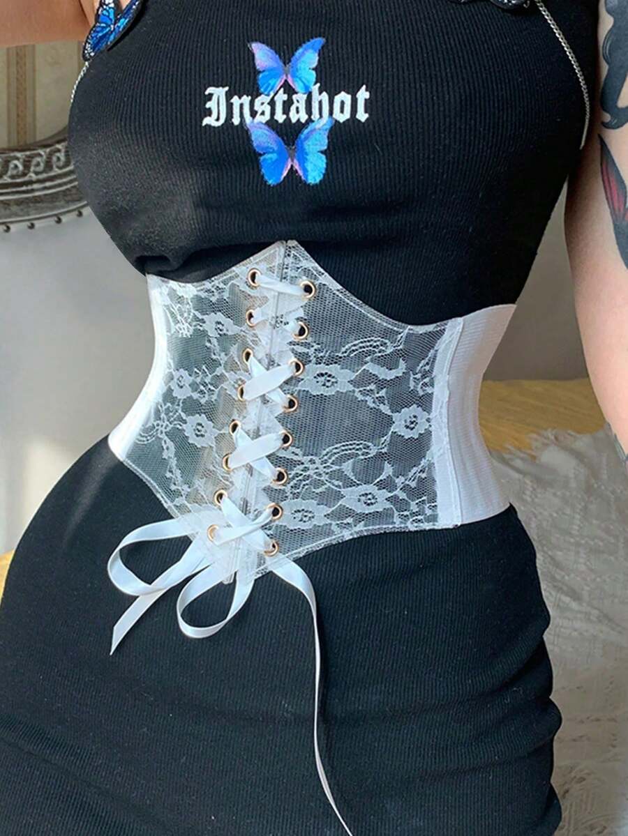 Black lace-up waist cincher with grommet eyelets, baroque pattern, medium stretch, and wide belt design for women.