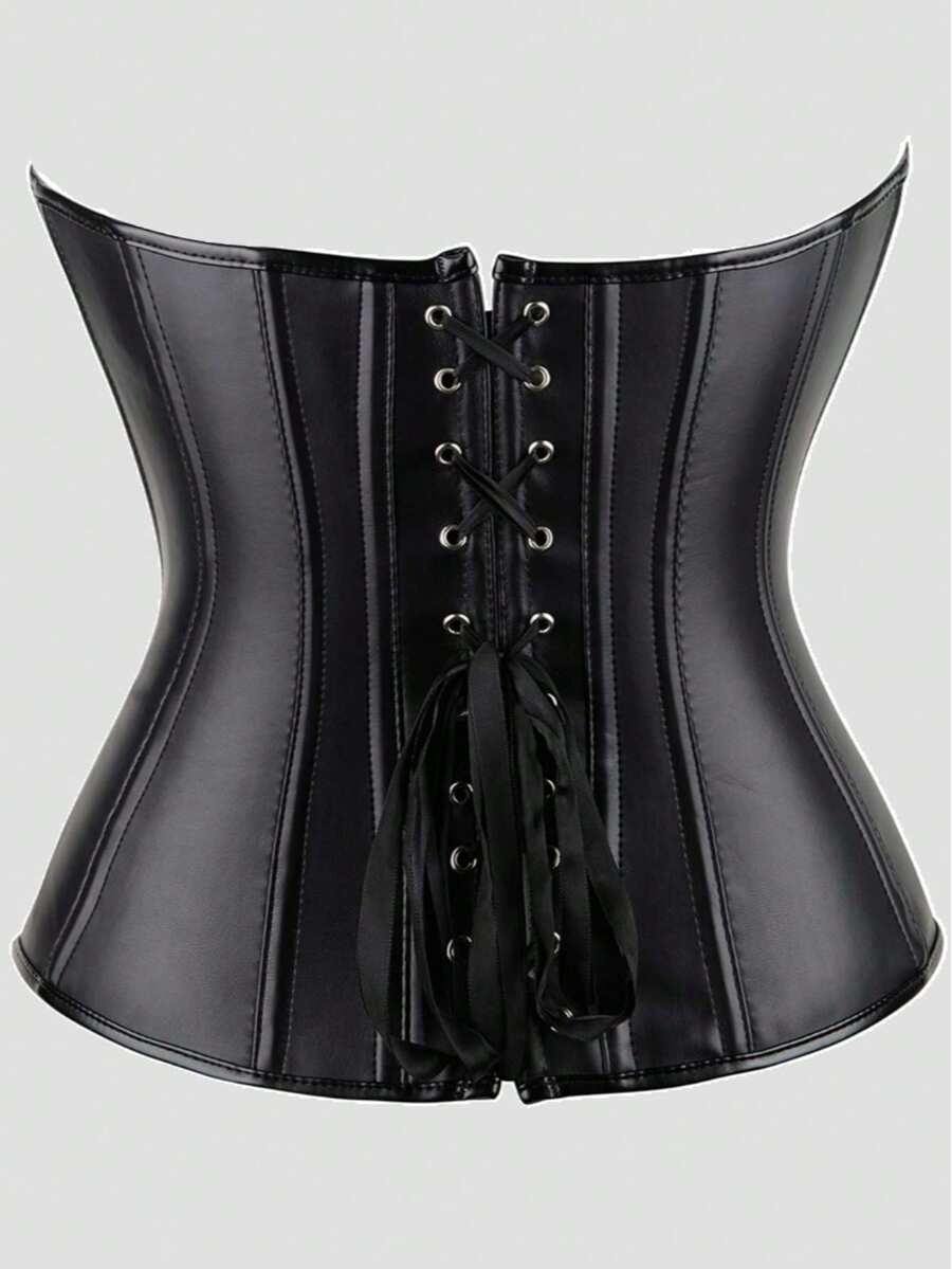Blue satin bustier corset with front closure, back lace-up detail, and boned shaping for a retro-inspired party look.