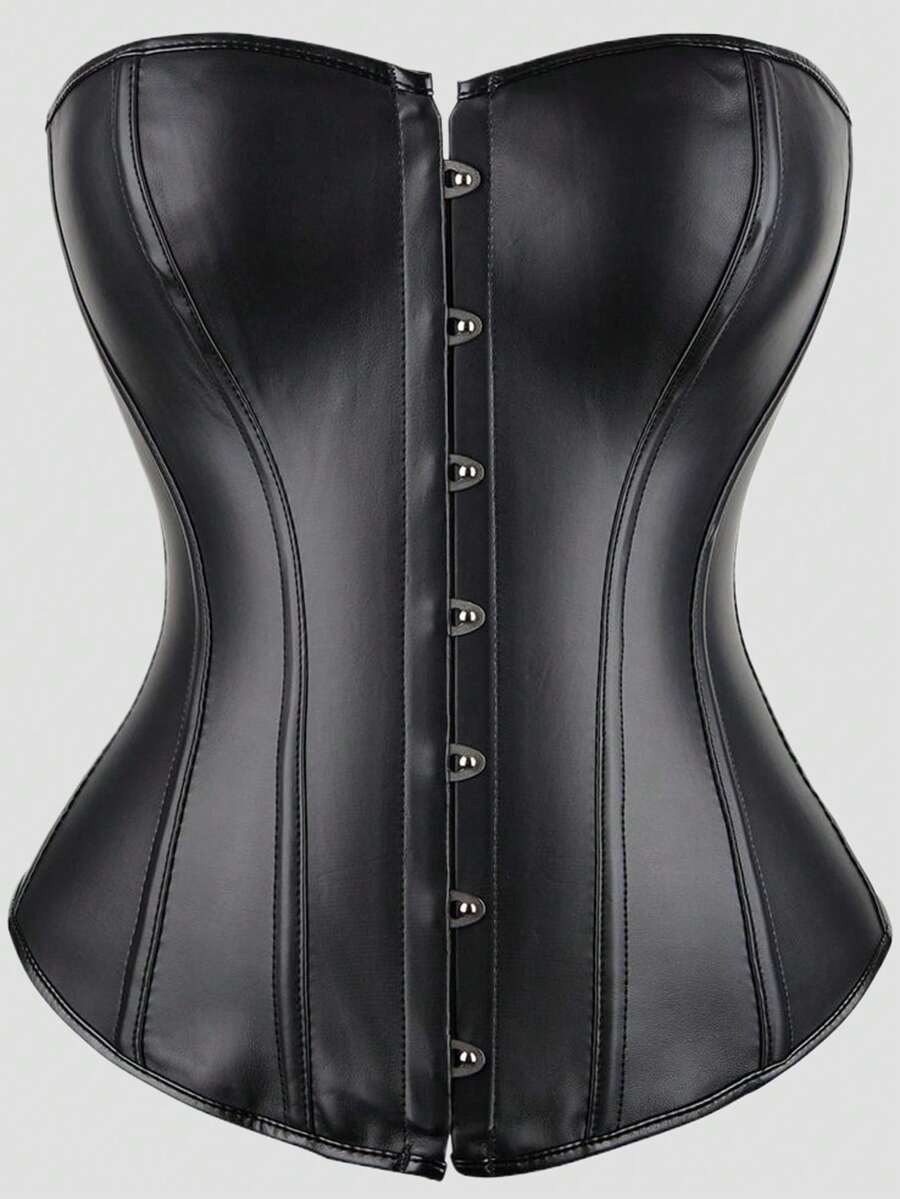 Blue satin bustier corset with front closure, back lace-up detail, and boned shaping for a retro-inspired party look.