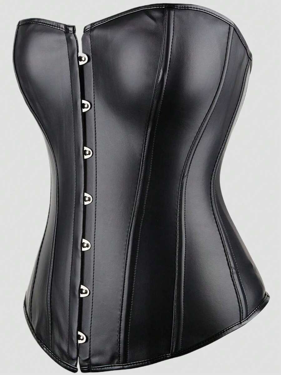 Blue satin bustier corset with front closure, back lace-up detail, and boned shaping for a retro-inspired party look.