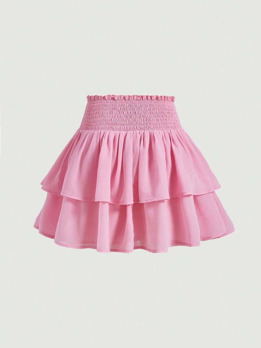 Women's high waist tiered ruffle layered mini skort in black featuring shirred details and ruffle hem.