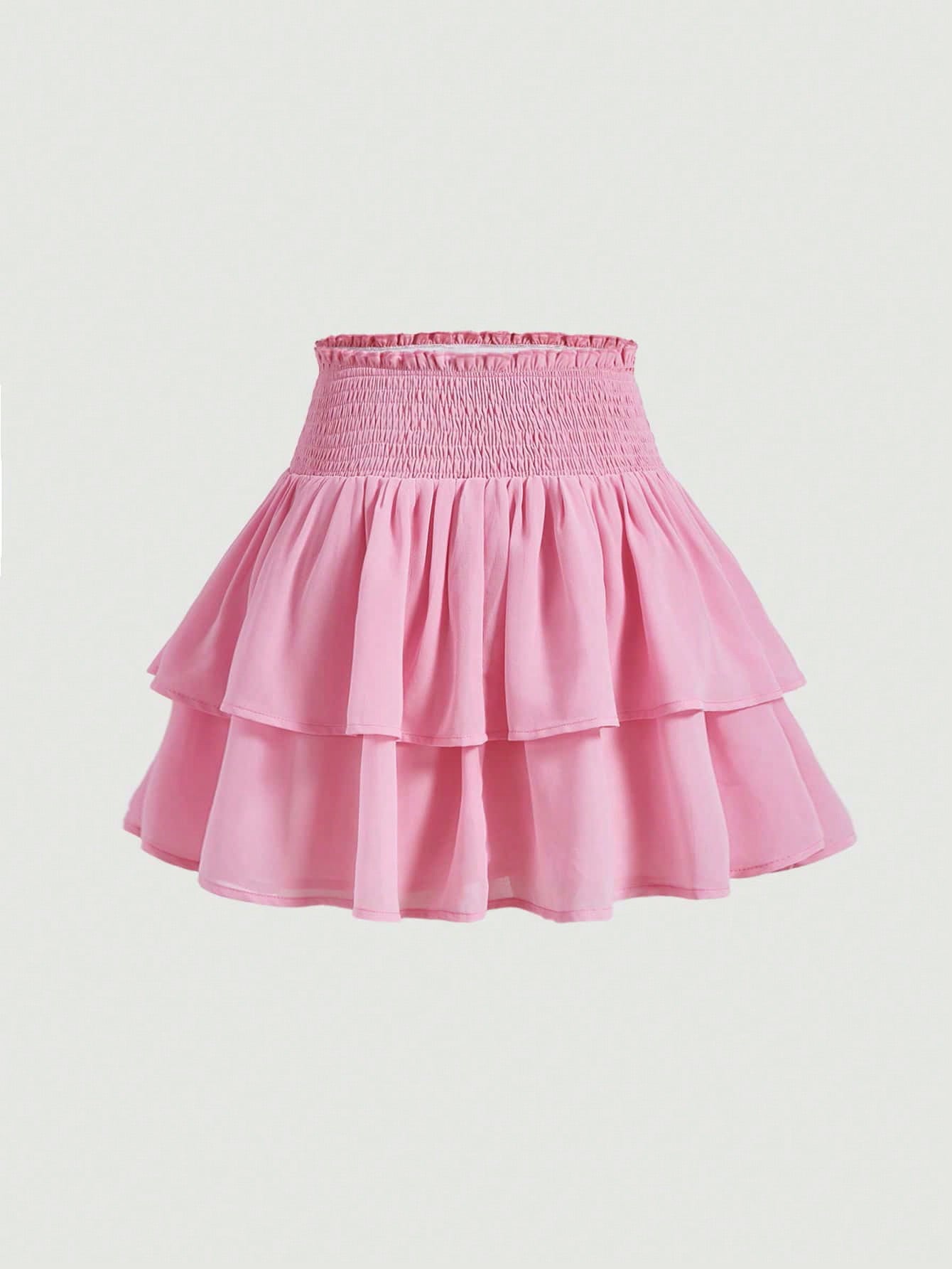 Women's high waist tiered ruffle layered mini skort in black featuring shirred details and ruffle hem.