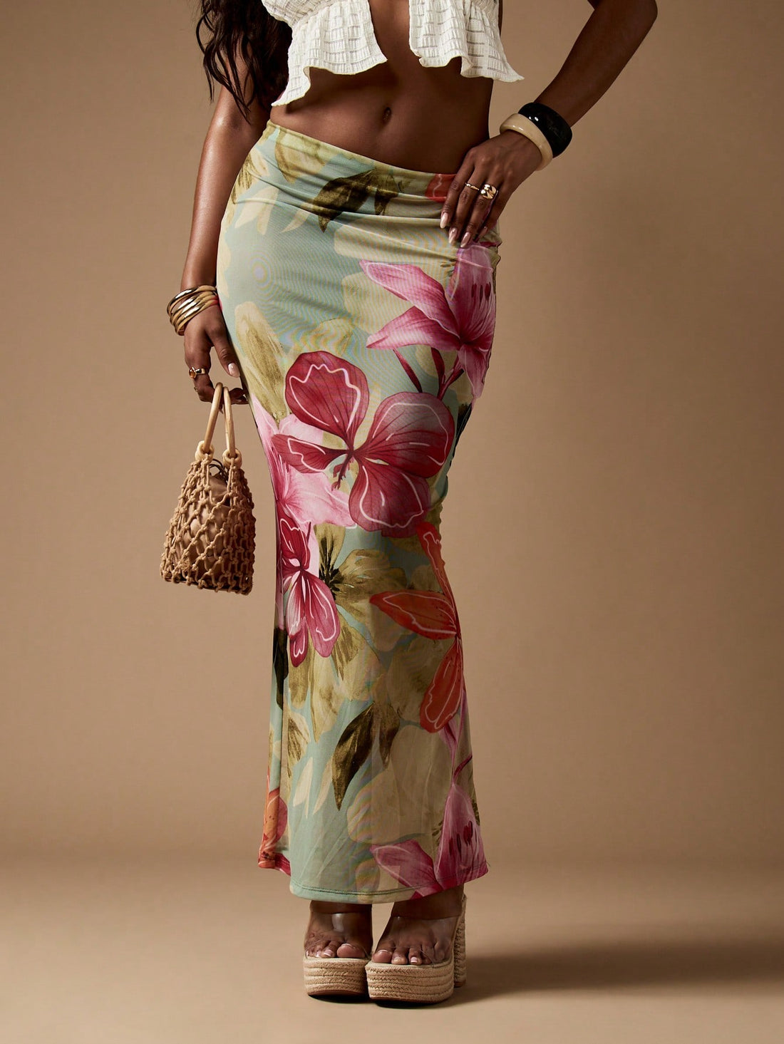 Multicolor tropical floral print mesh halter beach cover up dress for women featuring ruched lettuce trim and slim fit design.