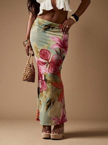 Multicolor tropical floral print mesh halter beach cover up dress for women featuring ruched lettuce trim and slim fit design.