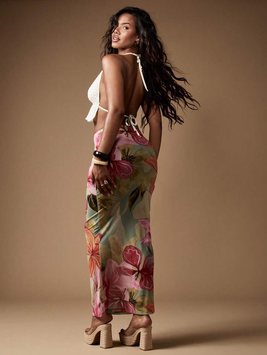 Multicolor tropical floral print mesh halter beach cover up dress for women featuring ruched lettuce trim and slim fit design.
