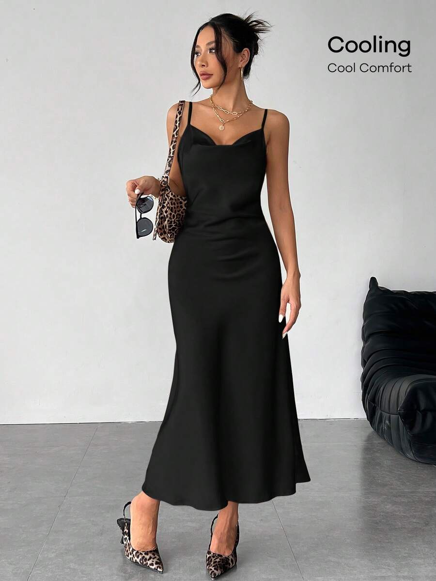 Women's long apricot satin cami dress featuring a draped swing collar, spaghetti straps, backless zipper back, and mermaid hem.