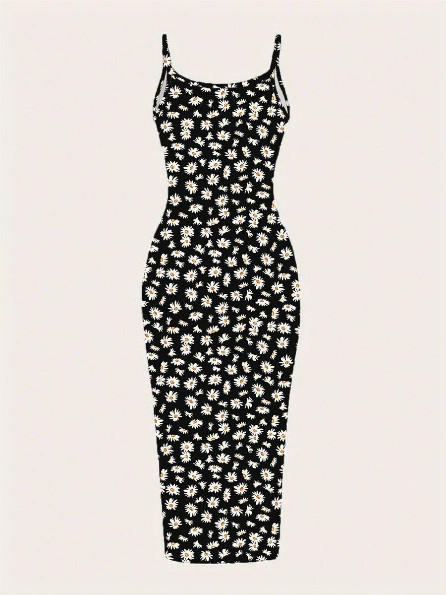 Women's minimalist floral daisy print bodycon cami dress with spaghetti straps, backless cut, high waist, and split thigh slit.