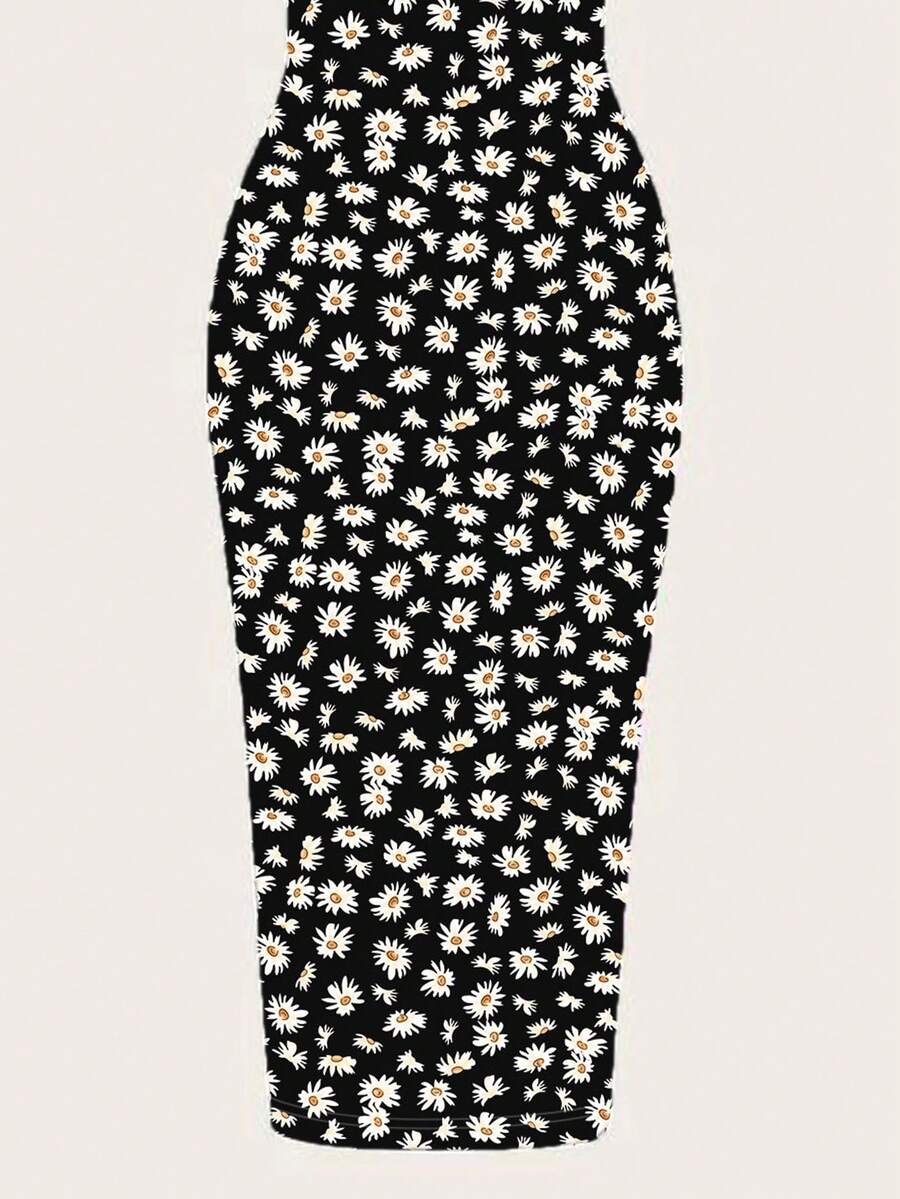Women's minimalist floral daisy print bodycon cami dress with spaghetti straps, backless cut, high waist, and split thigh slit.