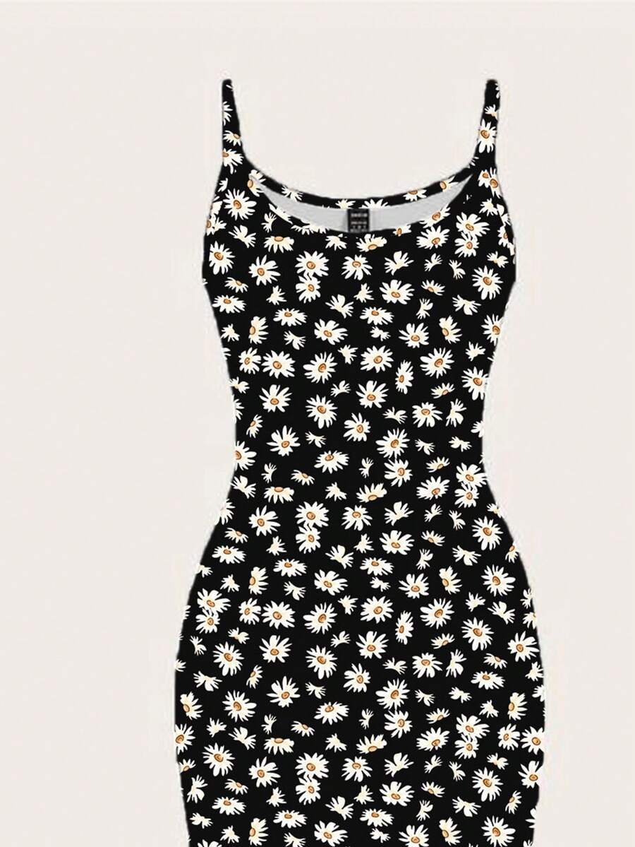Women's minimalist floral daisy print bodycon cami dress with spaghetti straps, backless cut, high waist, and split thigh slit.