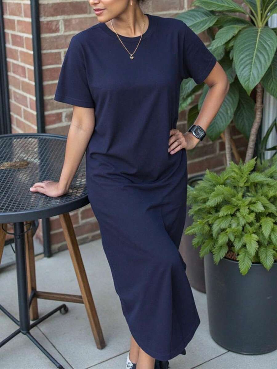 Women's apricot long bodycon dress with short sleeves, scoop neck, and side split hem.