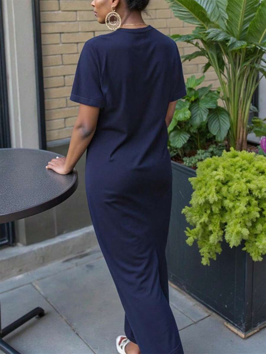 Women's apricot long bodycon dress with short sleeves, scoop neck, and side split hem.
