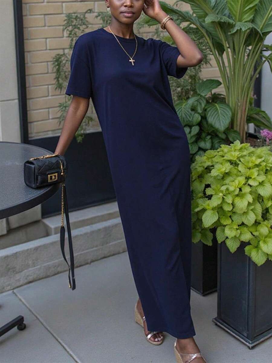 Women's apricot long bodycon dress with short sleeves, scoop neck, and side split hem.
