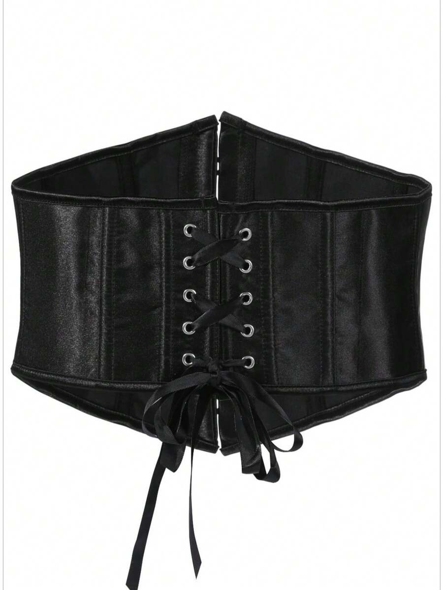 Women’s vintage waist cincher corset belt with lace-up and grommet eyelet details, bow buckle, slight stretch fabric, designed for tummy control and slimming.