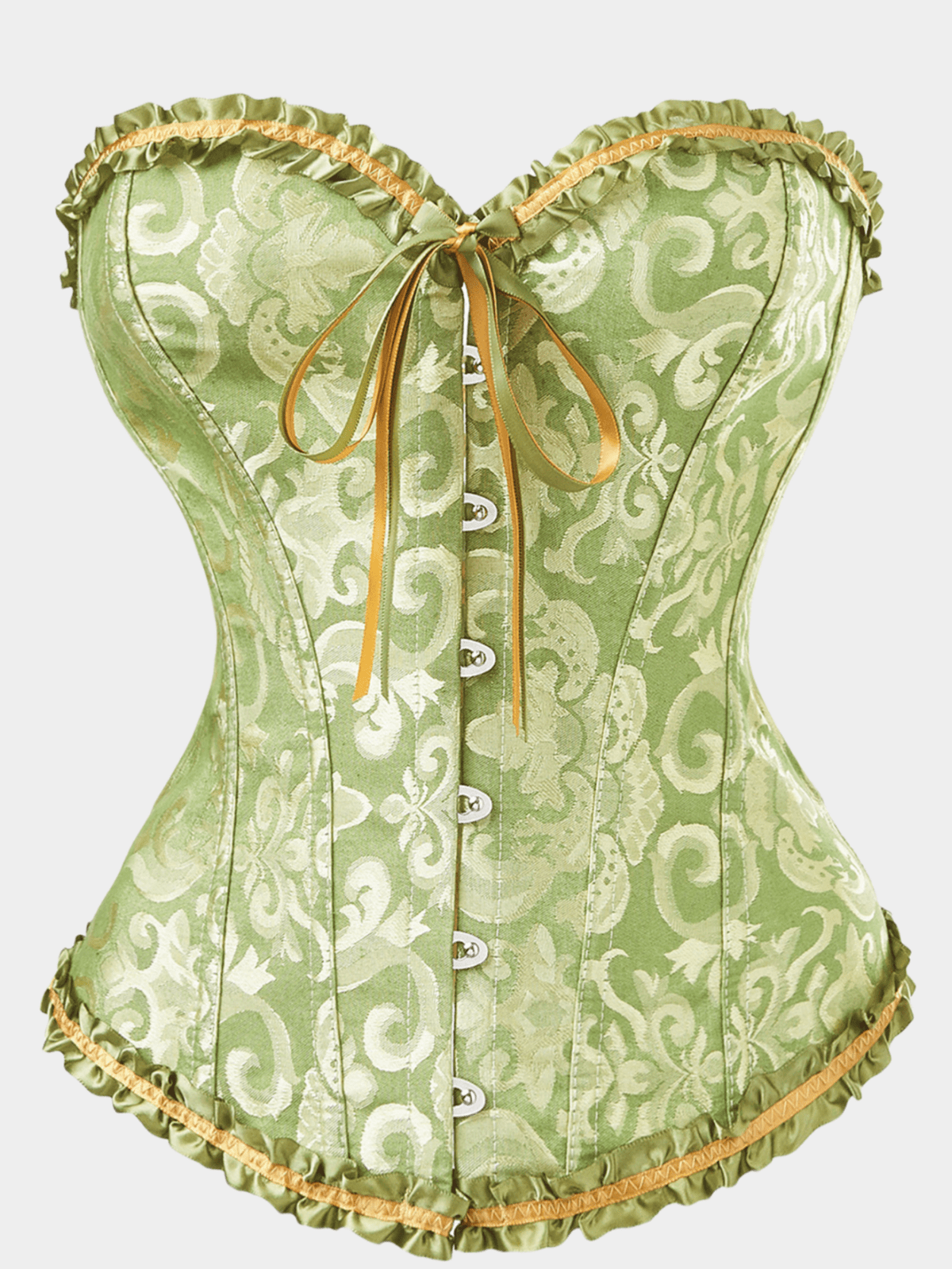Baroque open bust corset top with boning, ruffle details, and grommet eyelet accents for waist shaping and bust support.