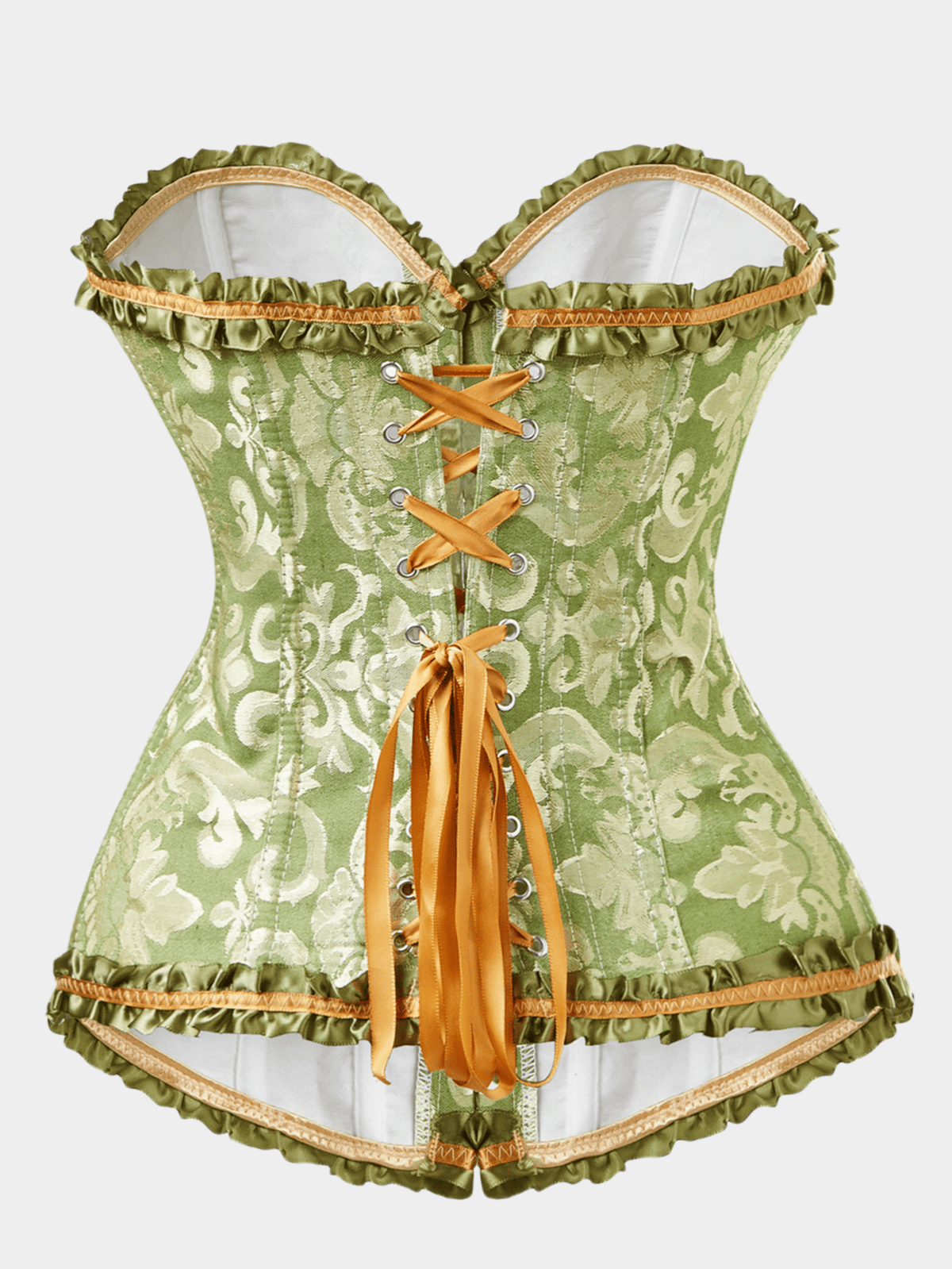 Baroque open bust corset top with boning, ruffle details, and grommet eyelet accents for waist shaping and bust support.