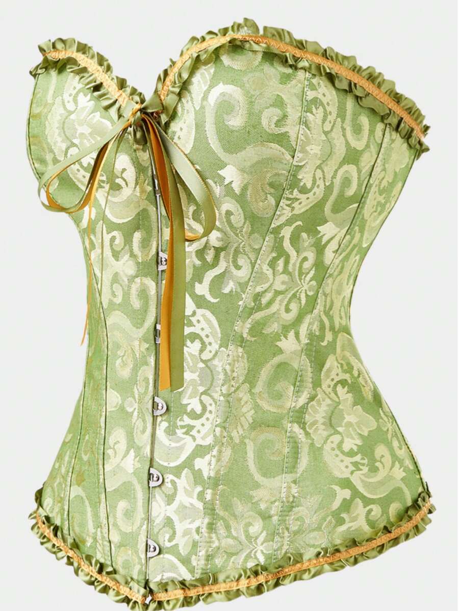 Baroque open bust corset top with boning, ruffle details, and grommet eyelet accents for waist shaping and bust support.